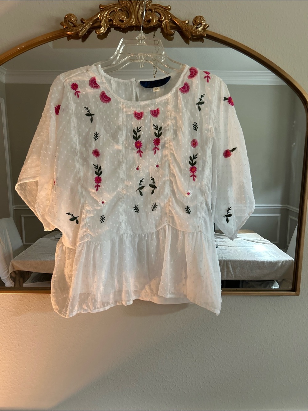 Blue Rose Embroidered White Peasant Blouse with Pink Accents